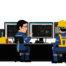 a cartoon of men in hard hats and helmets sitting at a desk with computers