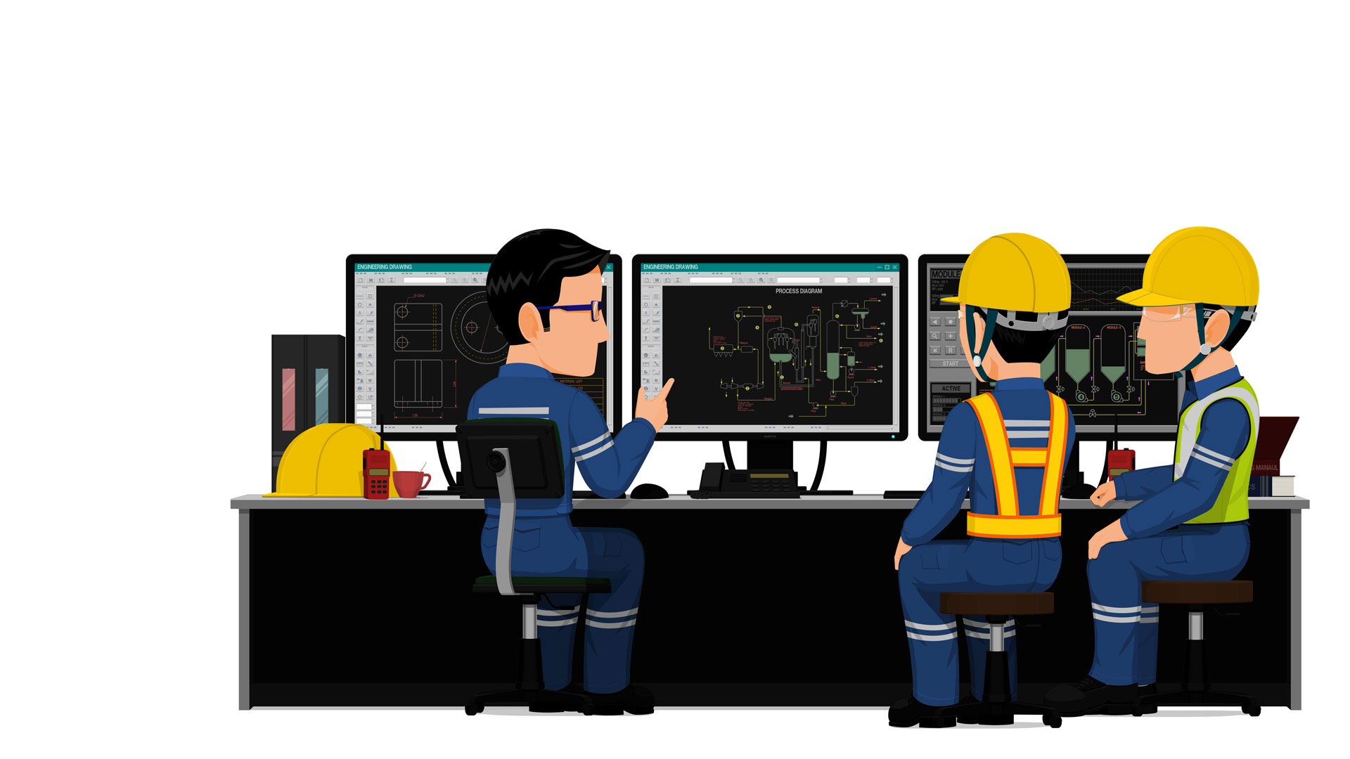 a cartoon of men in hard hats and helmets sitting at a desk with computers